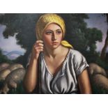 Louis Charlot (1871-1951), oil on canvas, a shepherdess sitting beside her flock, wearing white