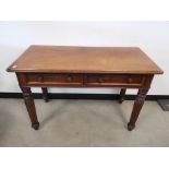 19th Century two drawer side table, two drawers to frieze, rounded front corners to top, turned