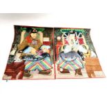 A pair of Mongolian gouache paintings on fabric, one male one female, handling decorative objects,