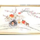 An embroidery of Chinese mandarin ducks, framed but unglazed, internal dimensions 97cm x 50cm