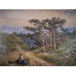 Edward Lait, watercolour, female sitting beside the trail whilst on a walk through the