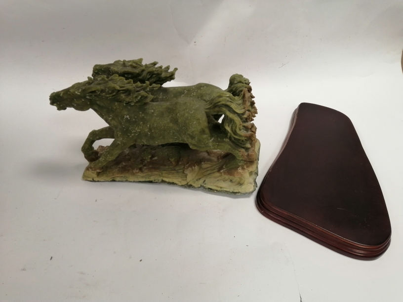 A Chinese hardstone figure of galloping horses, height 22cm, length 38cm, together with a stand (2) - Image 2 of 2