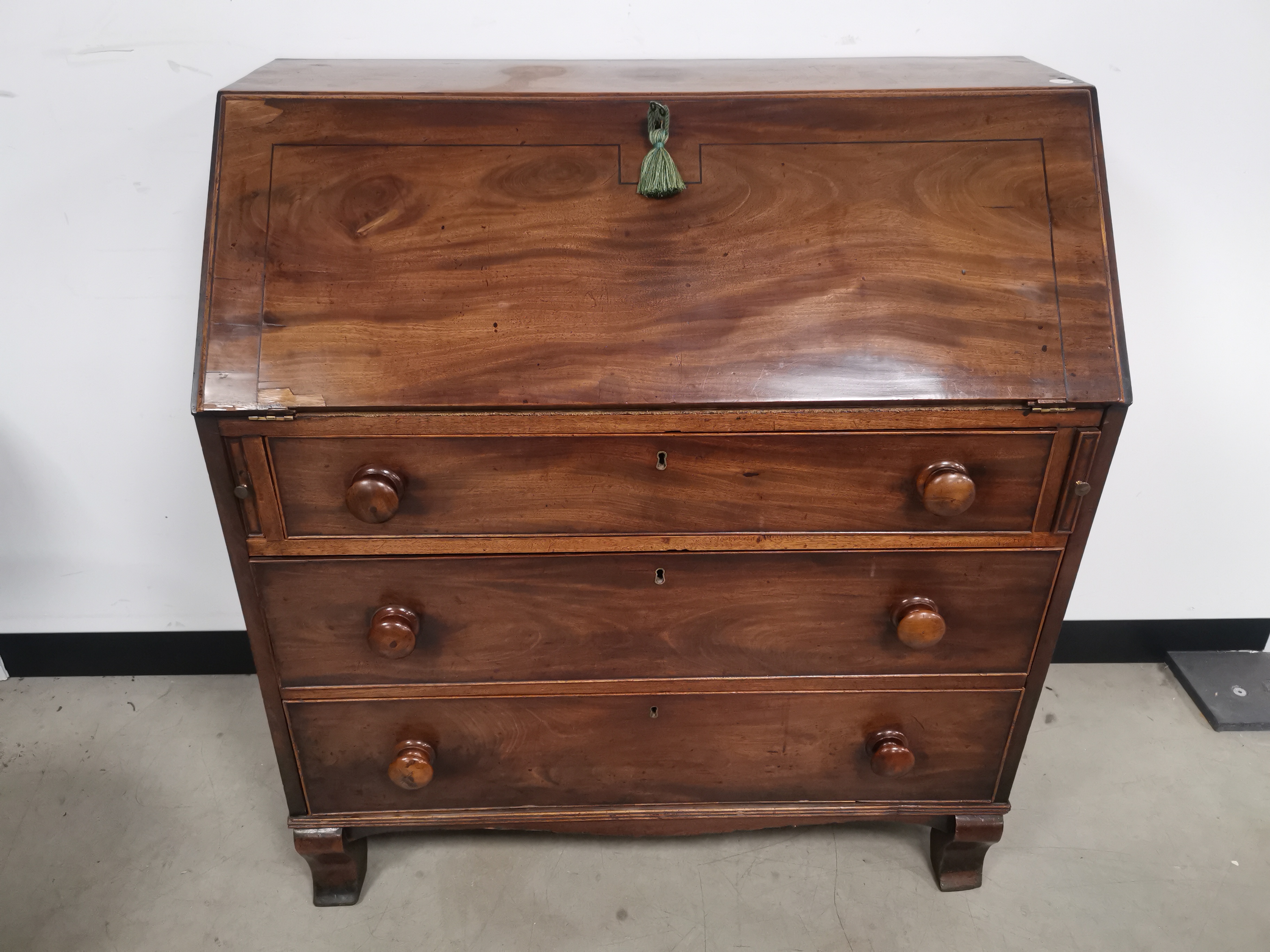 19th Century bureau, having drop down front, three drawers. 95cm W x 52cm D x 104cm H