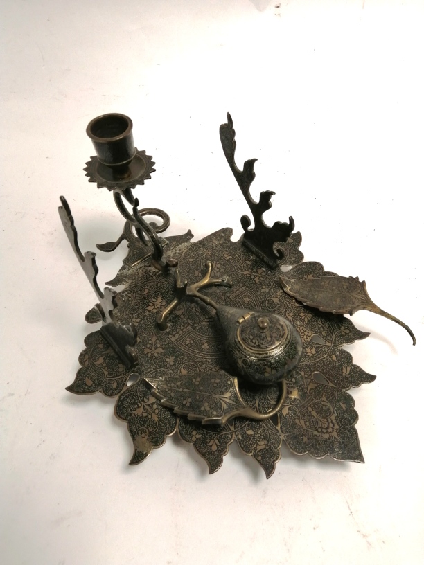 An Indian desk stand and inkwell in the form of a leaf, with profuse foliate decoration, 11cm x - Image 2 of 2