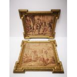 An assortment of needlework, including two embroideries in matching gilt frames, a cross stitch of a