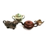 A Chinese Yixing stoneware teapot with mythical creature spout and finial, height 7cm, together with