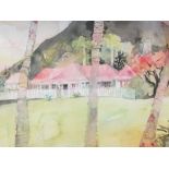 Kate Spencer (20th Century), watercolour, Carribean home retreat. Signed lower left. Clipping