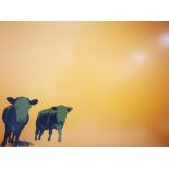 Signed limited edition contemporary print, cattle on a bold orange ground. Indistinctly signed and
