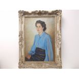 20th Century oil on canvas, portrait of Miss Margaret Morison, female sitting wearing blue blouse