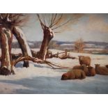 William Sidney Cooper (1854-1927), oil on canvas, Sheep amongst the snow, rural winter snowscape.