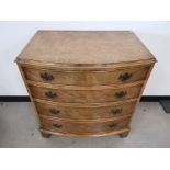Bow fronted chest of four drawers, walnut veneer, 79cm W x 53cm D x 84cm H