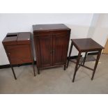 Mahagony floor standing pigeon hole letter rack, together with occasional table and vanity cupboard.