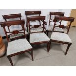 Set of six dining chairs, drop in pale blue seats, consisting of five side chairs and one carver