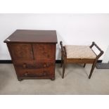 Oak piano stool, having multicoloured upholstered seat, lidded compartment. Together with a commode.