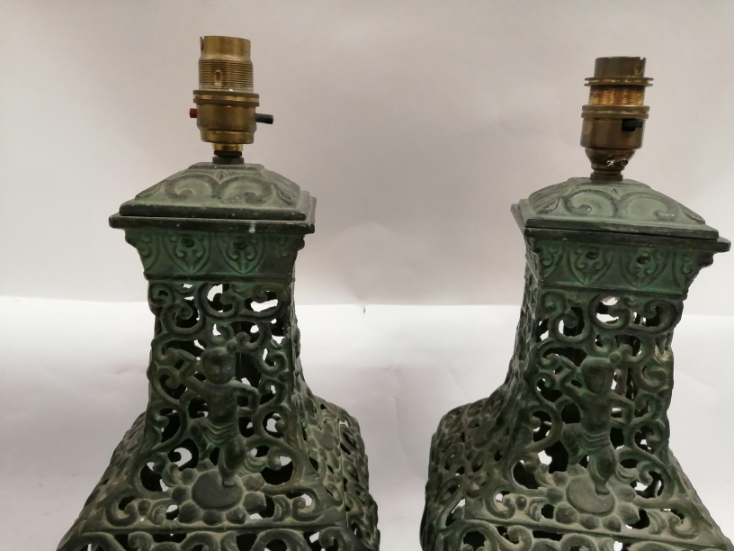 A pair of Chinese cast metal lamp bases with a design of phoenixes and dancing boys, height 50cm - Image 2 of 4