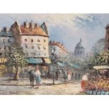 Caroline Burnett, oil on canvas, Parisian street scene with flower stall to the foreground.