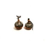 A pair of metal mounted bone miniature vessels of globular form, height of each approximately 5.