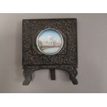 Indian circular miniature, architectural study of the Taj Mahal, mounted in carved ebonised frame