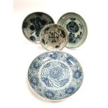 A group of four Asian provincial kiln plates one with a design of encircling crabs in underglaze