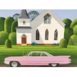 Peter Heard (1939 - 2021), oil on canvas, acrylic, 1961 pink Cadillac coupe de ville outside