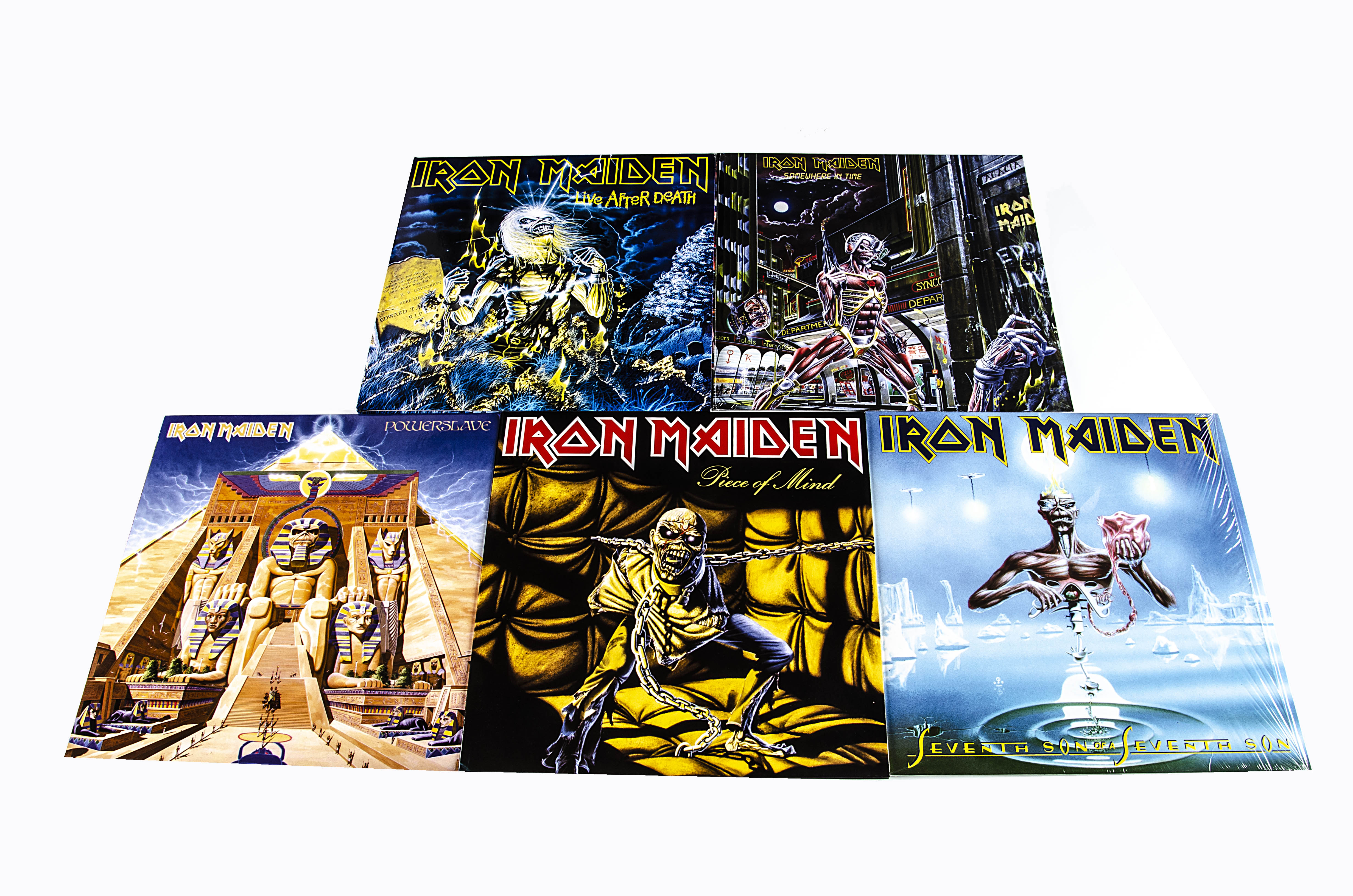 Iron Maiden LPs, five albums from the 2014 Reissue series comprising Powerslave, Live After Death,