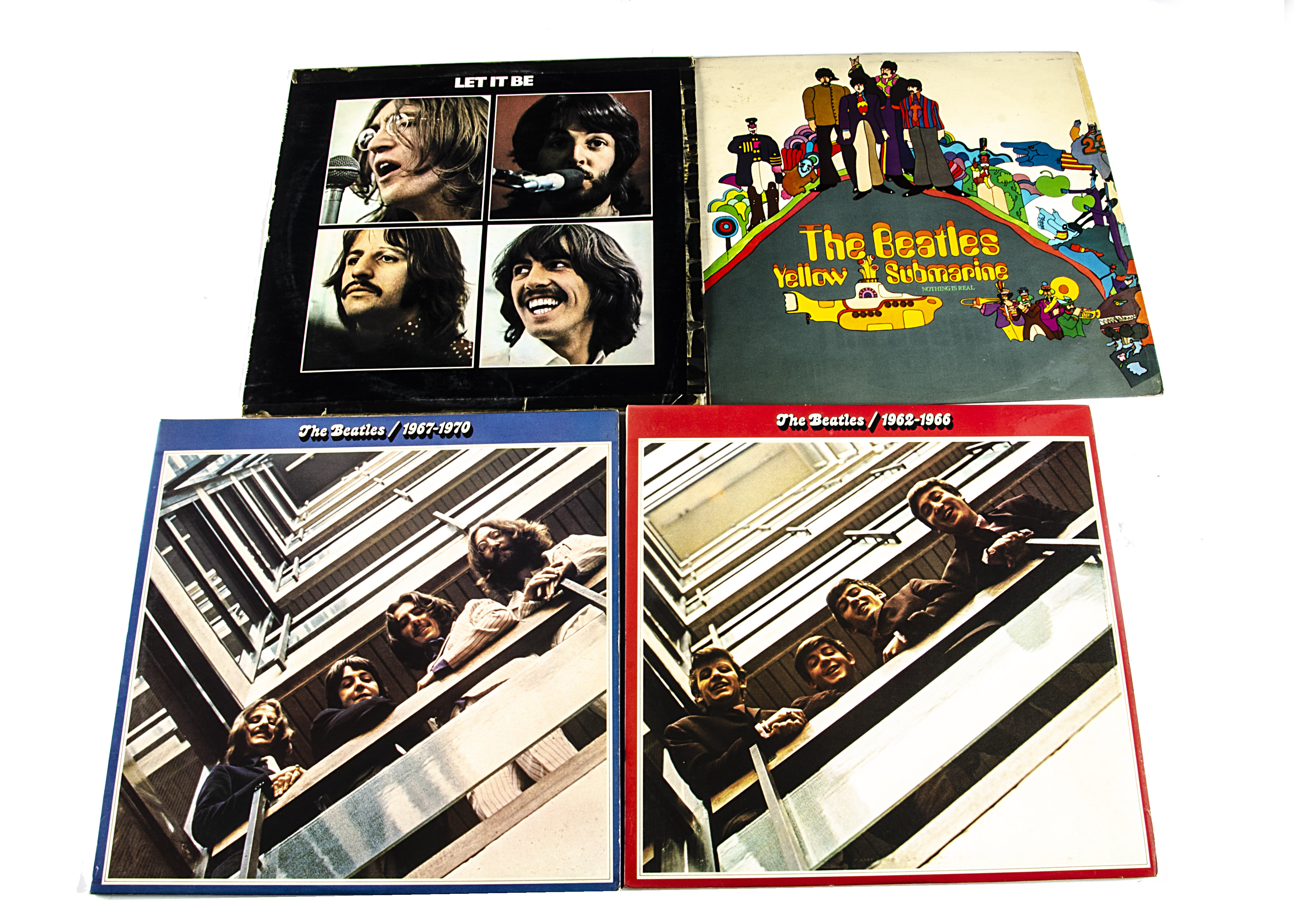 Beatles LPs, Four albums comprising Yellow Submarine (Original Stereo VG+/VG+), Let It Be (Red Apple