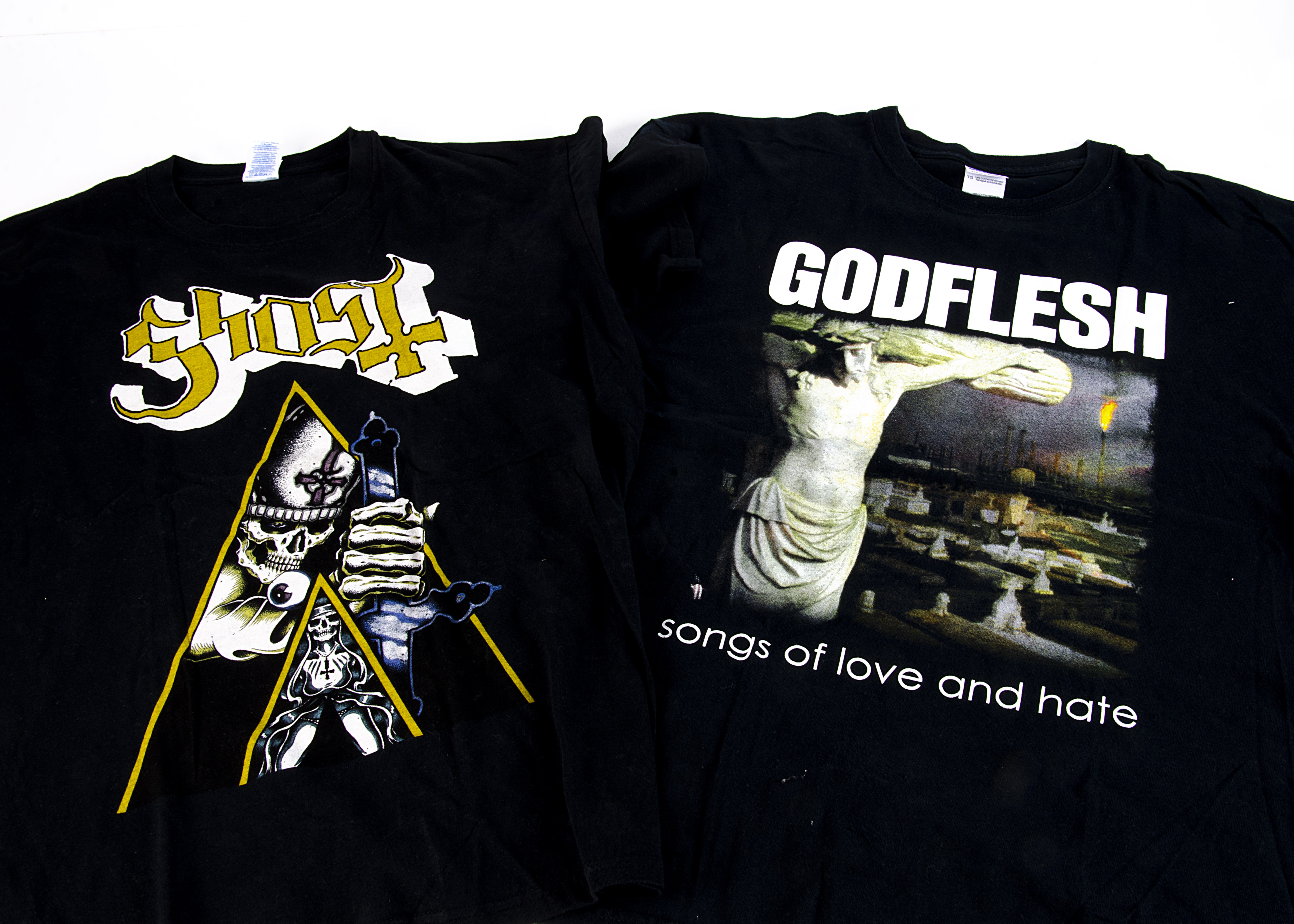 Ghost and Godflesh T-Shirts, Swedish black Ghost 'T' shirt for 2011 tour (L) plus a Godflesh (