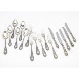 A set of six Russian silver dinner forks and tablespoons, with rococo themed design to handles,