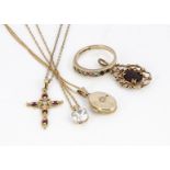 A quantity of 9ct gold, including a DEAREST gem set ring, a garnet drop pendant, a small diamond