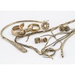 A quantity of 9ct gold, including earrings, necklaces (af), tie pins and other items, 27g together