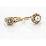 A pearl and diamond cluster ring, the worn 18ct gold setting and shank having claw set old cut