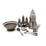 A small group of Victorian and 20th Century silver items, including a sugar sifter, a salt and