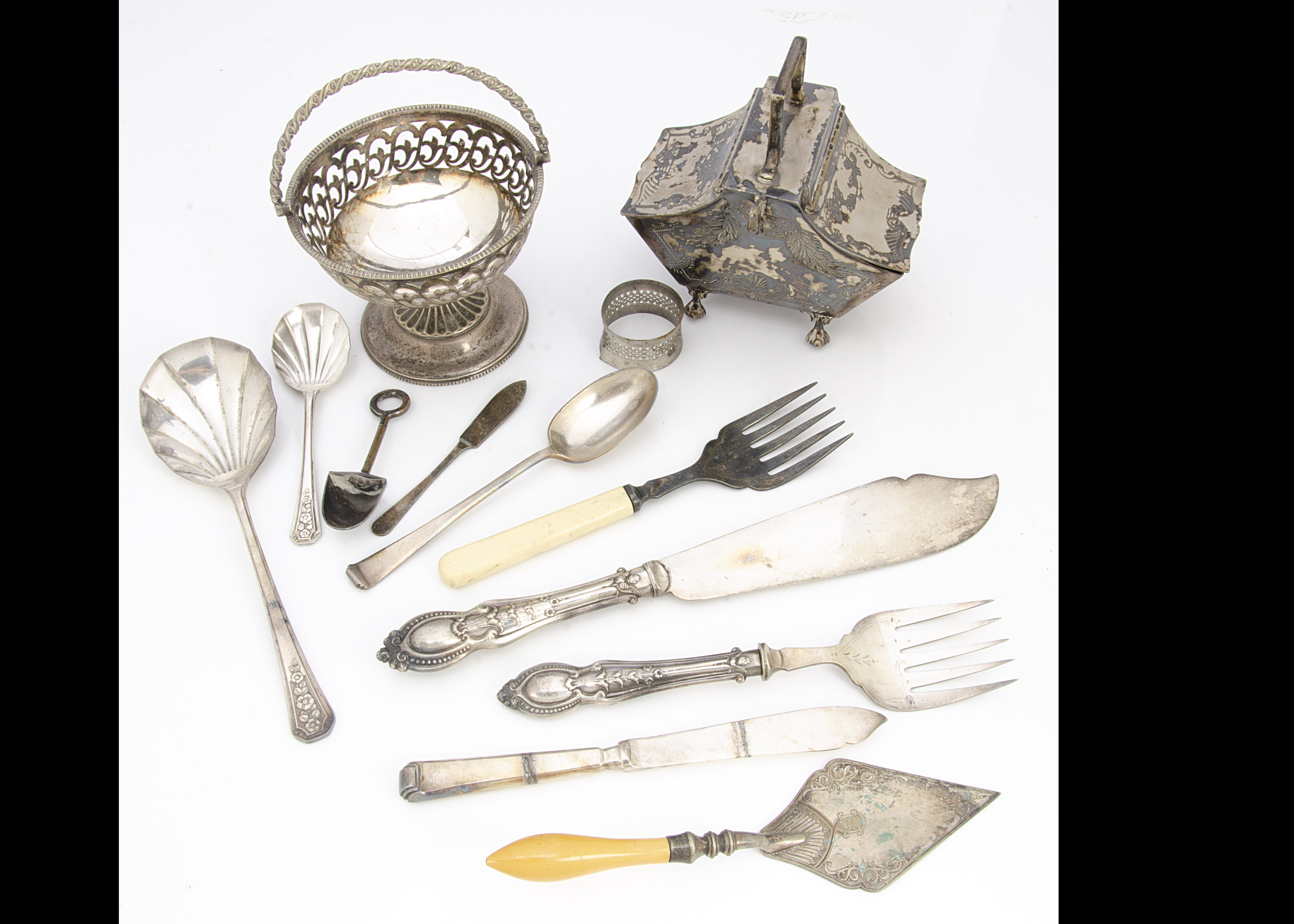 A collection of silver plate, including a twin handled tray, four piece tea set, sugar scuttle, - Image 2 of 2