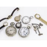 A small Victorian silver open faced pocket watch, AF, together with four pocket watches, AF, a