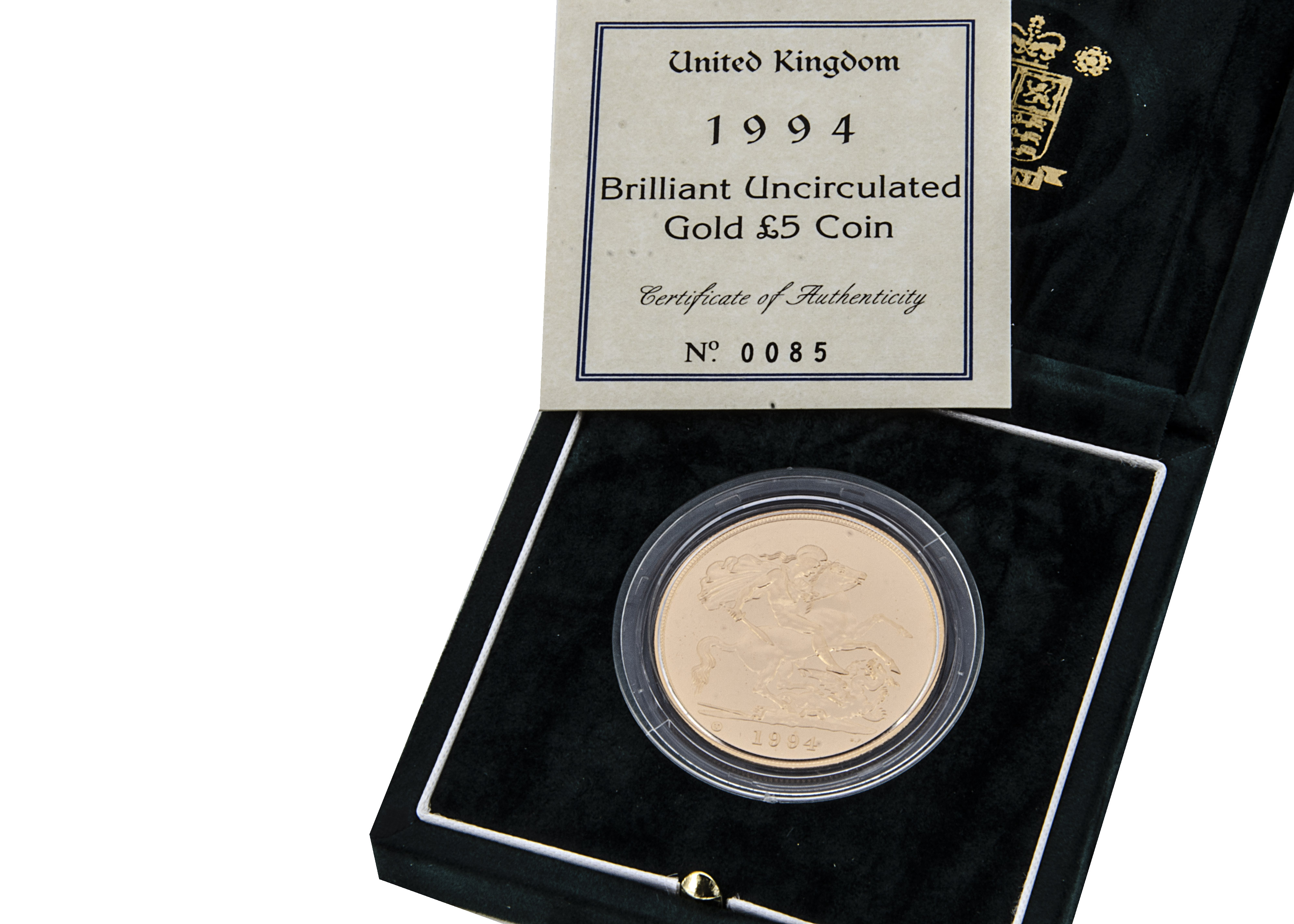 A modern Royal Mint UK £5 Brilliant Uncirculated Gold Coin, 1994, in box with certificate, 39.94