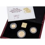 A modern Royal Mint UK Gold Proof Sovereign Three coin set, 1991, comprising double, full and half