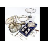 A collection of silver and silver plate, including a cased set of four cauldron salts and spoons,