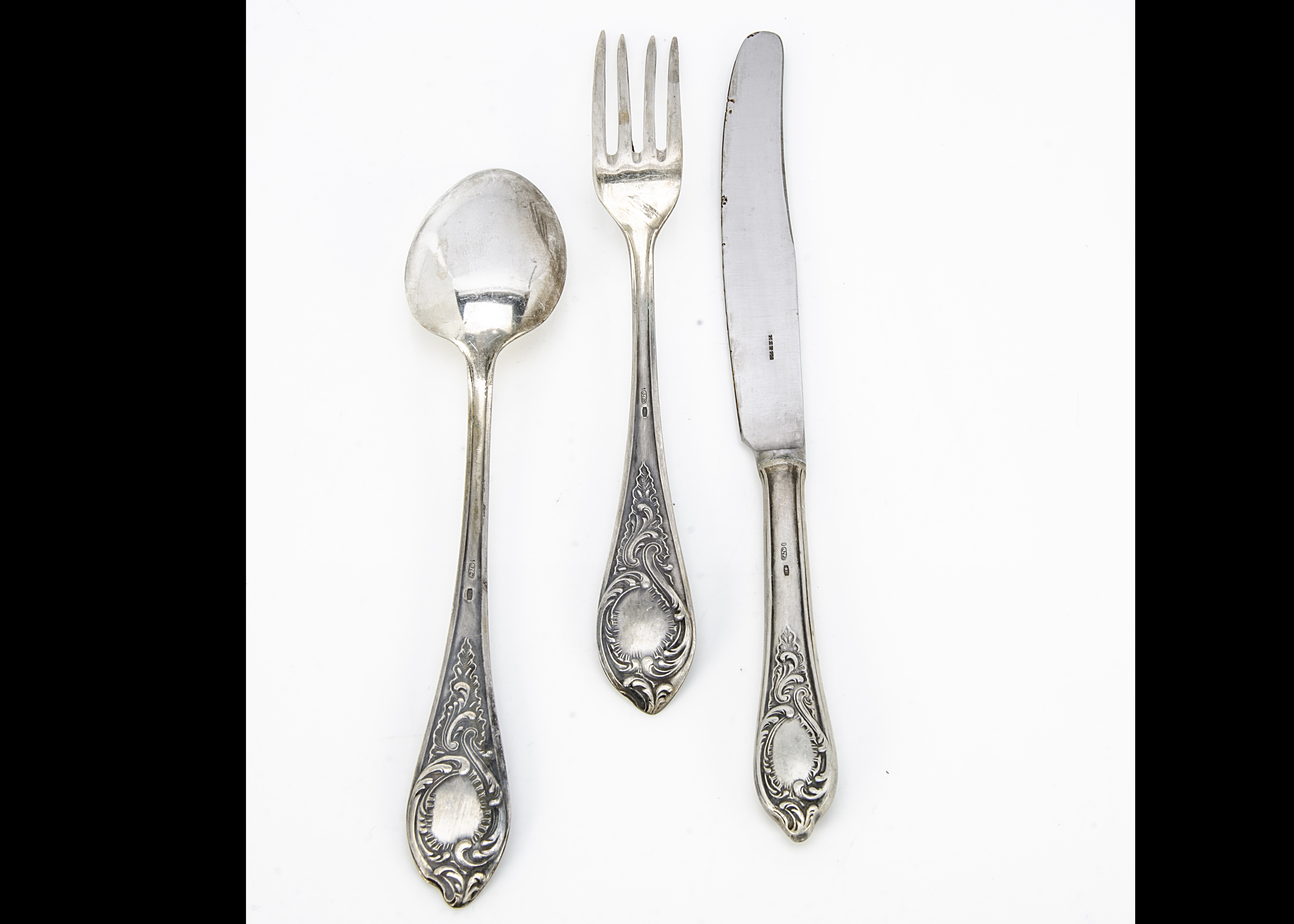 A set of six Russian silver dinner forks and tablespoons, with rococo themed design to handles, - Image 2 of 2