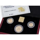 A modern Royal Mint UK Gold Proof Sovereign Three coin set, 1994, comprising double, full and half