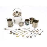 A small group of silver and silver plated items, including a nice silver mustard but lacks liner,
