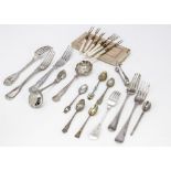 A collection of silver and silver plated flatware, including a pair of George III silver old English