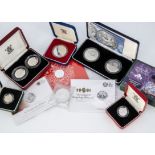 Eleven modern Royal Mint silver proof and silver coins, including a 1977 crown in box, a Queen