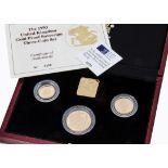 A modern Royal Mint UK Gold Proof Sovereign Three coin set, 1993, comprising double, full and half