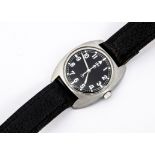 A 1970s CWC Military W-10 British Army stainless steel wristwatch, 35mm tonneau case, running, black