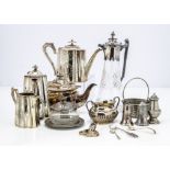 A collection of silver plate, including a cut glass claret jug, four piece tea set, a teapot, butter
