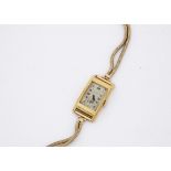 An Art Deco period 9ct gold cased wristwatch, 19mm wide by 35mm rectangular case, AF, on a 9ct