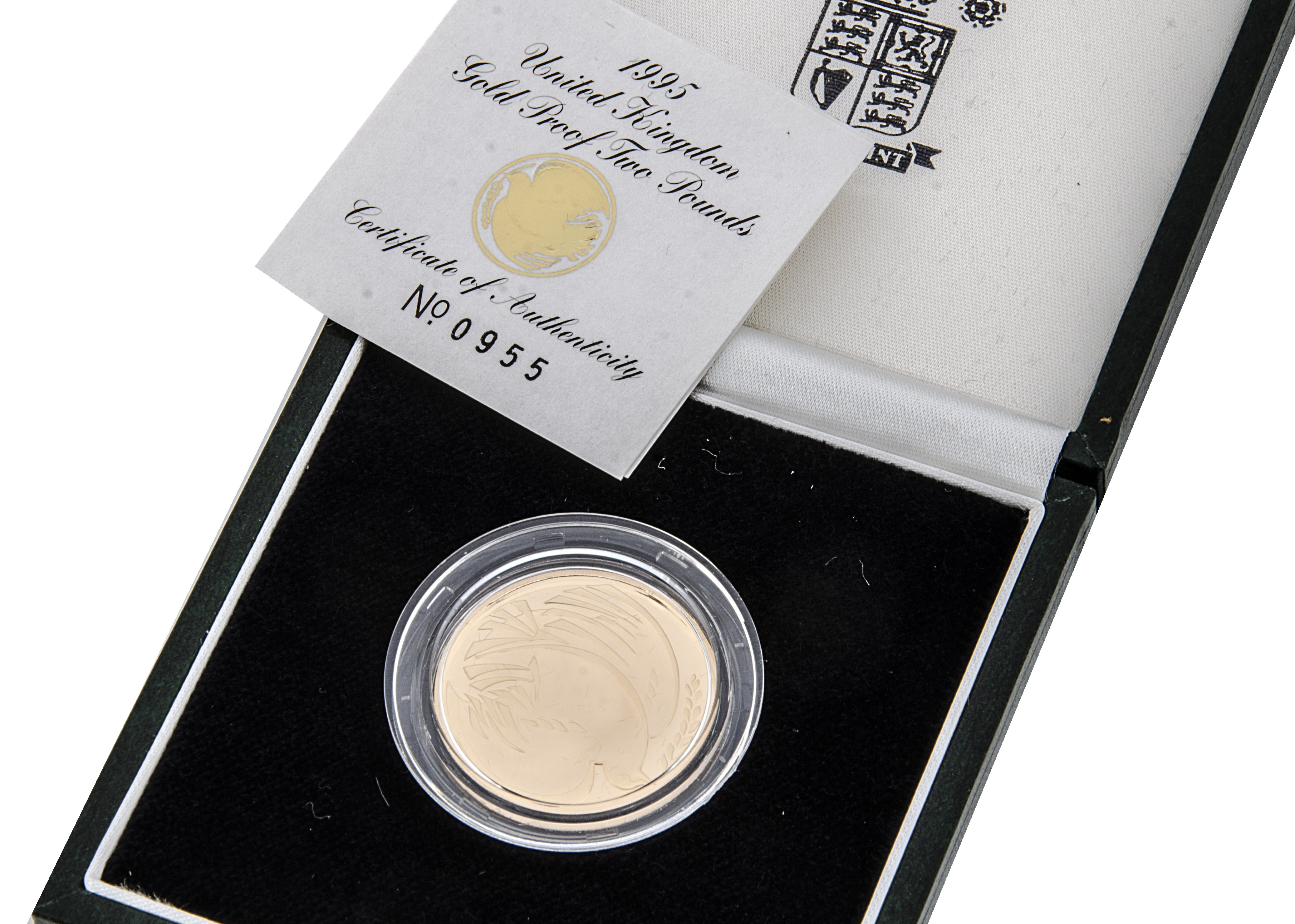 A modern Royal Mint UK Gold Proof Two Pound Coin, 1995, in box with certificate, 15.98g