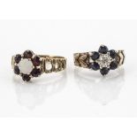 Two cluster rings, comprising an illusion set diamond and sapphire example, ring size M and a garnet