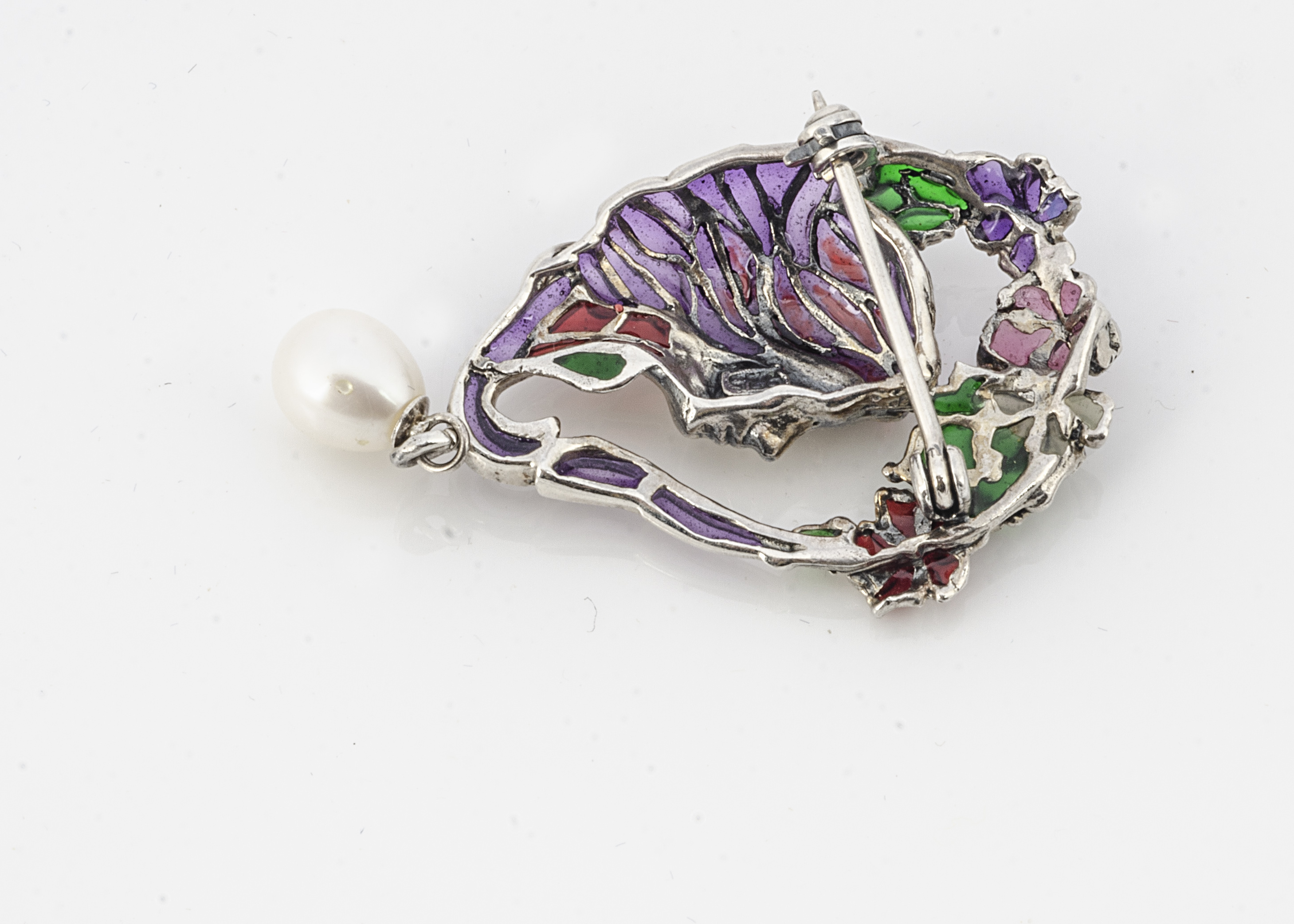 A white metal plique a jour Art Nouveau femme fatale style brooch, with pear shaped cultured - Image 2 of 2