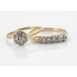 A five stone diamond dress ring, claw set eight cut diamonds in white metal on yellow gold shank